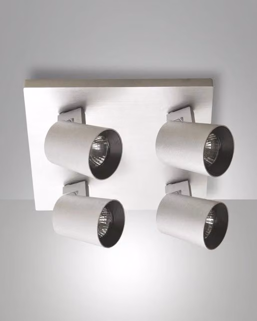 Faretto da soffitto Modo Fabas in alluminio spazzolato argento con 4 luci e attacco GU10 design moderno quadrato
