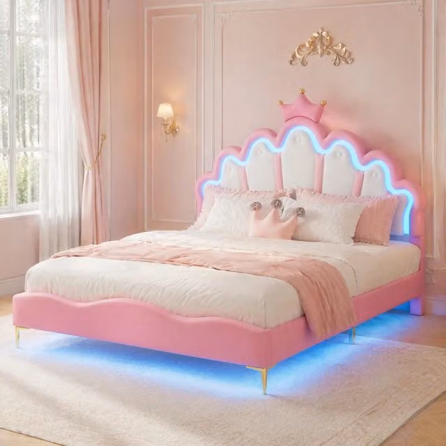 Letto matrimoniale 140 × 200 cm con testiera a corona in PU rosa LED regolabili altezza 123 o 129 cm