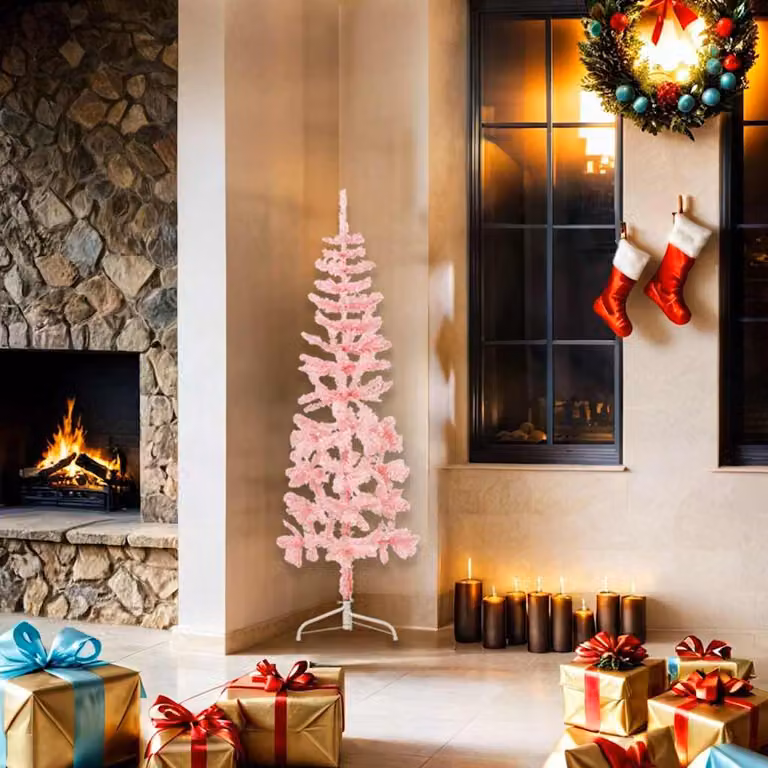 vidaXL Albero Natale Artificiale Sottile a Metà e Supporto Rosa 150 cm