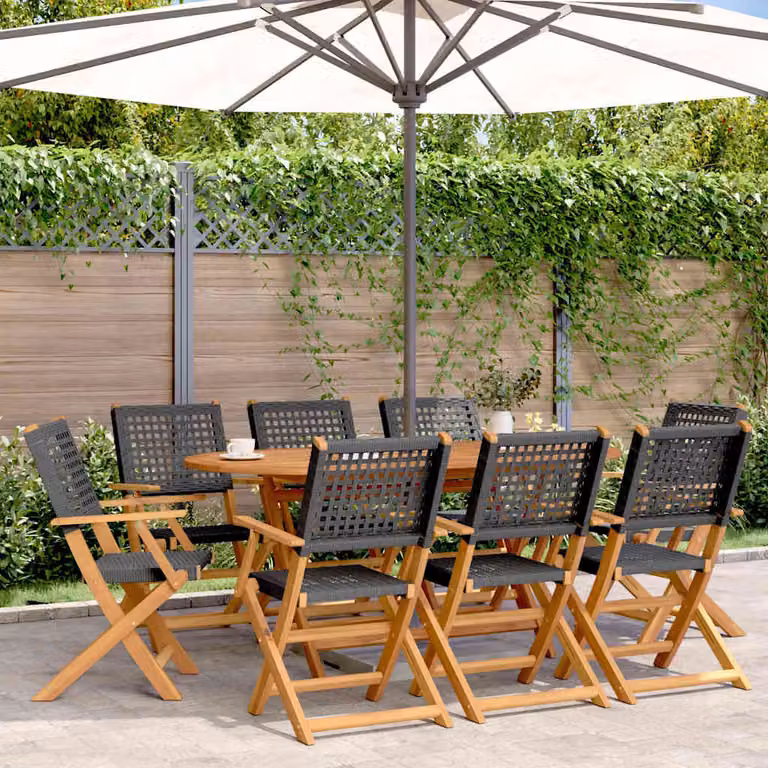 Set di 8 sedie pieghevoli da giardino vidaXL in polyrattan nero e legno di acacia oliato con braccioli