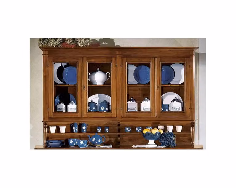 Cristalliera classica Mobili 2G con 4 porte in legno e vetro color noce L/P/H: 198 x 50 x 227 cm