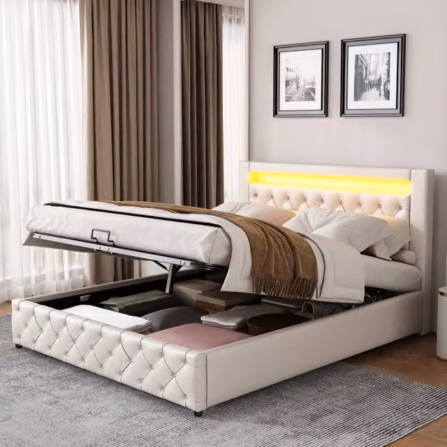 Letto imbottito REDOM bianco in ecopelle con illuminazione LED e contenitore contenitore, L/P: 160 x 200 cm