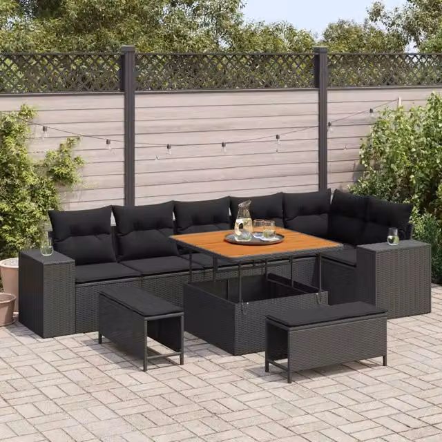 Set Divano da Giardino 9 pz 6-Numero di posti Nero polyrattan 3363964