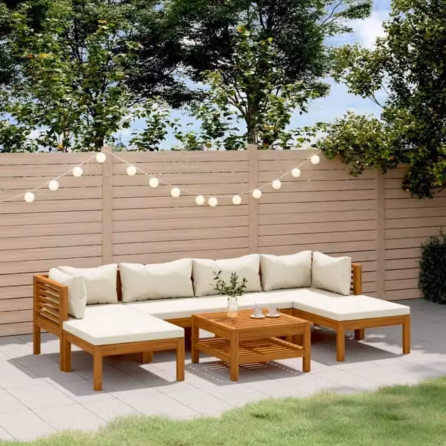Set da giardino vidaXL in legno di acacia con 7 pezzi e cuscini beige – 1