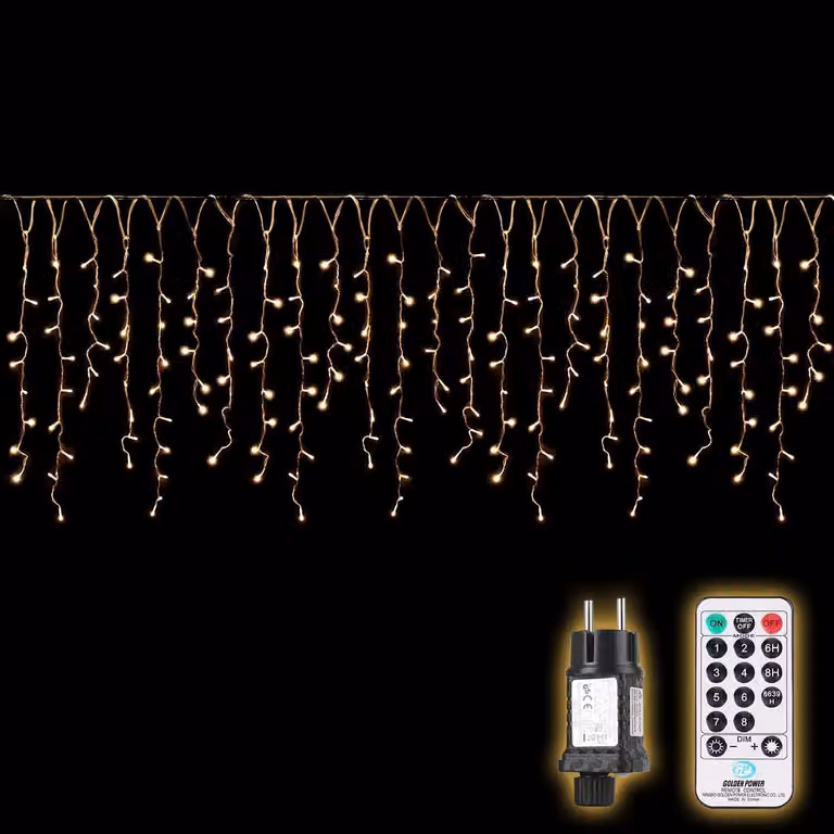 Tenda luminosa a LED, 5 metri, luce bianco caldo, 200 LED, grado di protezione IP44, con telecomando