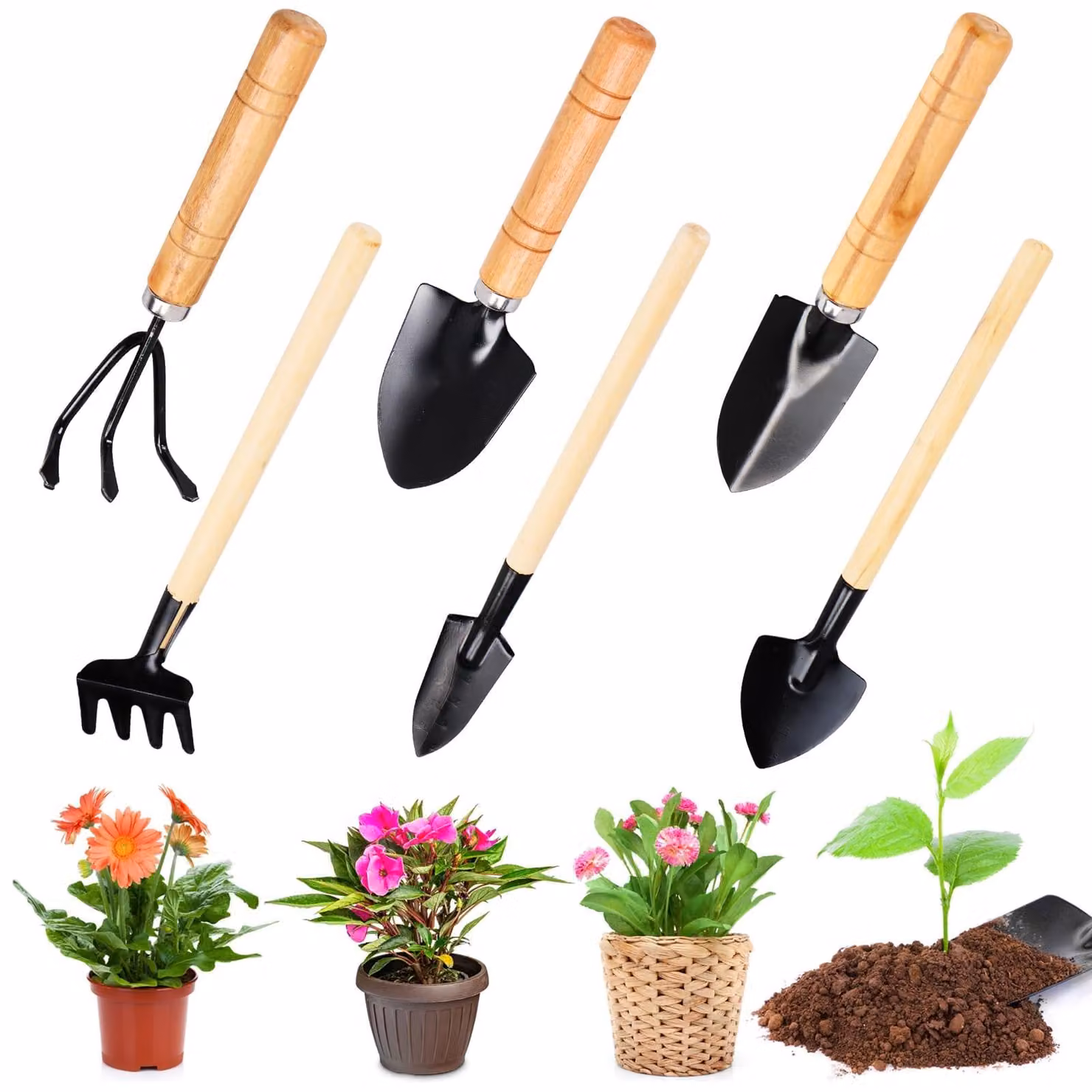 Set da giardinaggio - 6 pezzi - Acciaio inox - Manici in legno - Per giardino e balcone