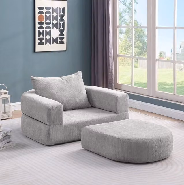 Divano componibile ULEVR modulare in ciniglia grigio chiaro, configurabile per soggiorno e camera da letto