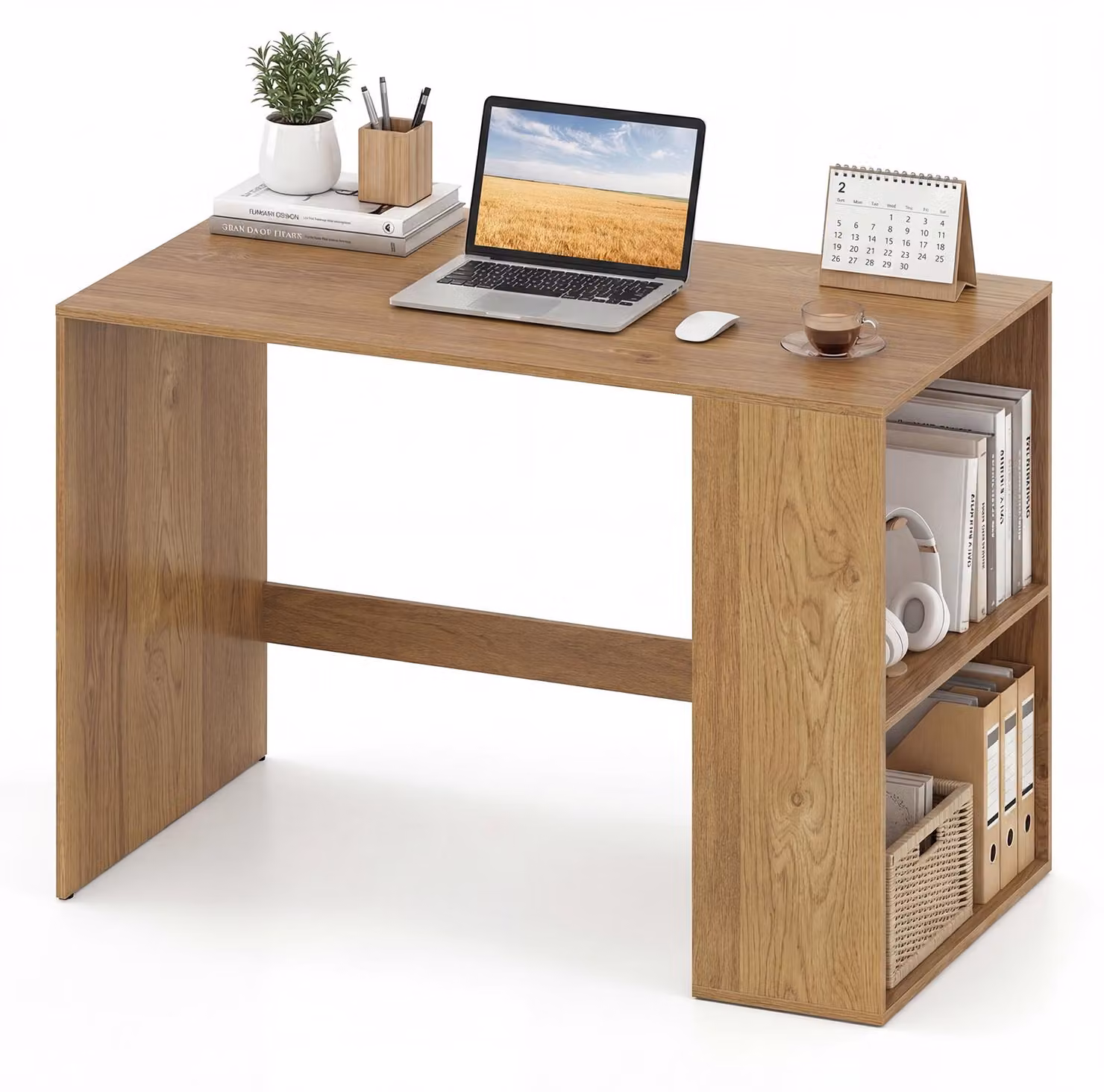 Scrivania COSTWAY con vano portaoggetti, scrivania per computer con 2 mensole laterali aperte, scrivania da ufficio con ampio piano di lavoro, scrivania per PC salvaspazio, 112x60x75 cm