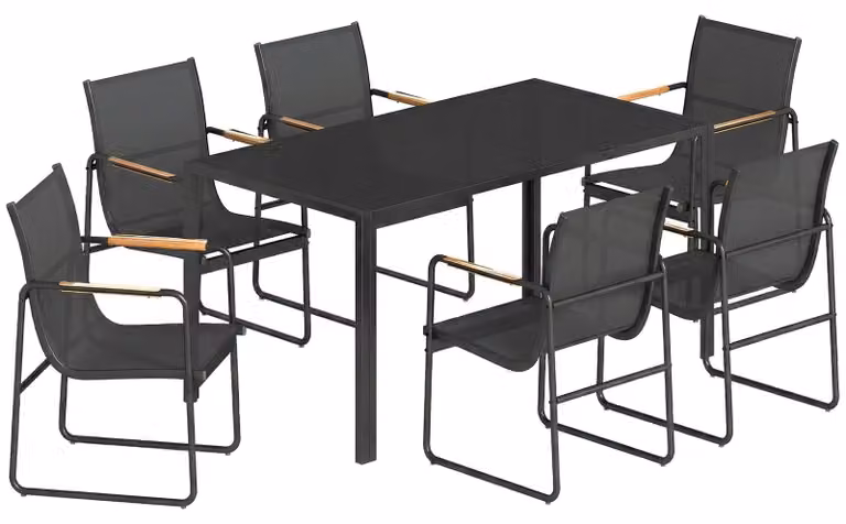 Set di mobili da giardino con tavolo in vetro e 6 sedie | Colore: nero | Dimensioni: 150x80x73 cm
