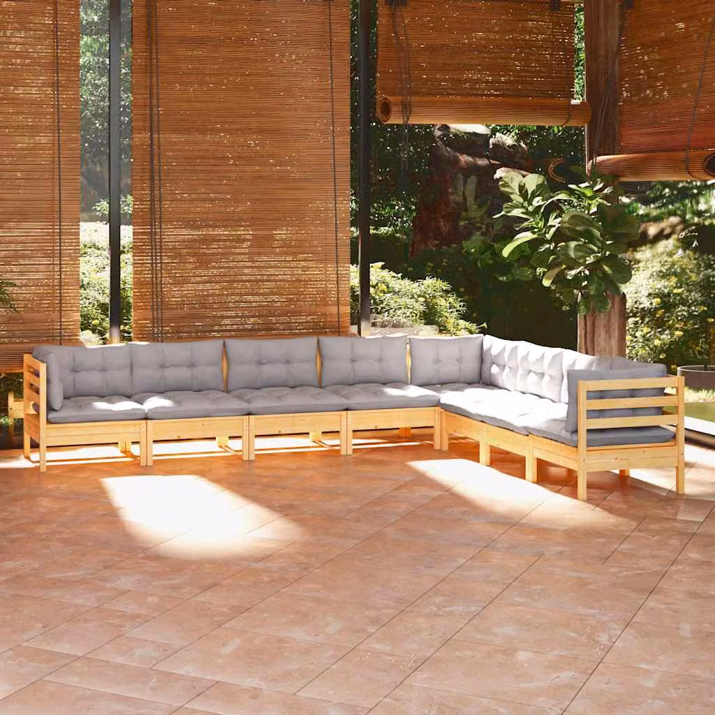 Set di divani da giardino vidaXL a forma di L composto da 8 pezzi in legno massello di pino con cuscini grigi