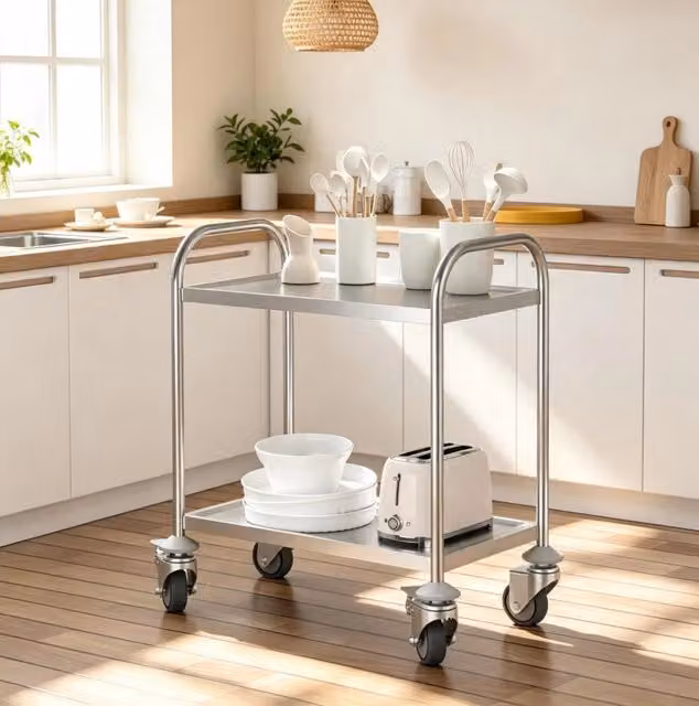 Carrello Cucina in Acciaio Inox con 2 Ripiani e Ruote Pivotanti da 10 cm, Capacità Max 100 kg