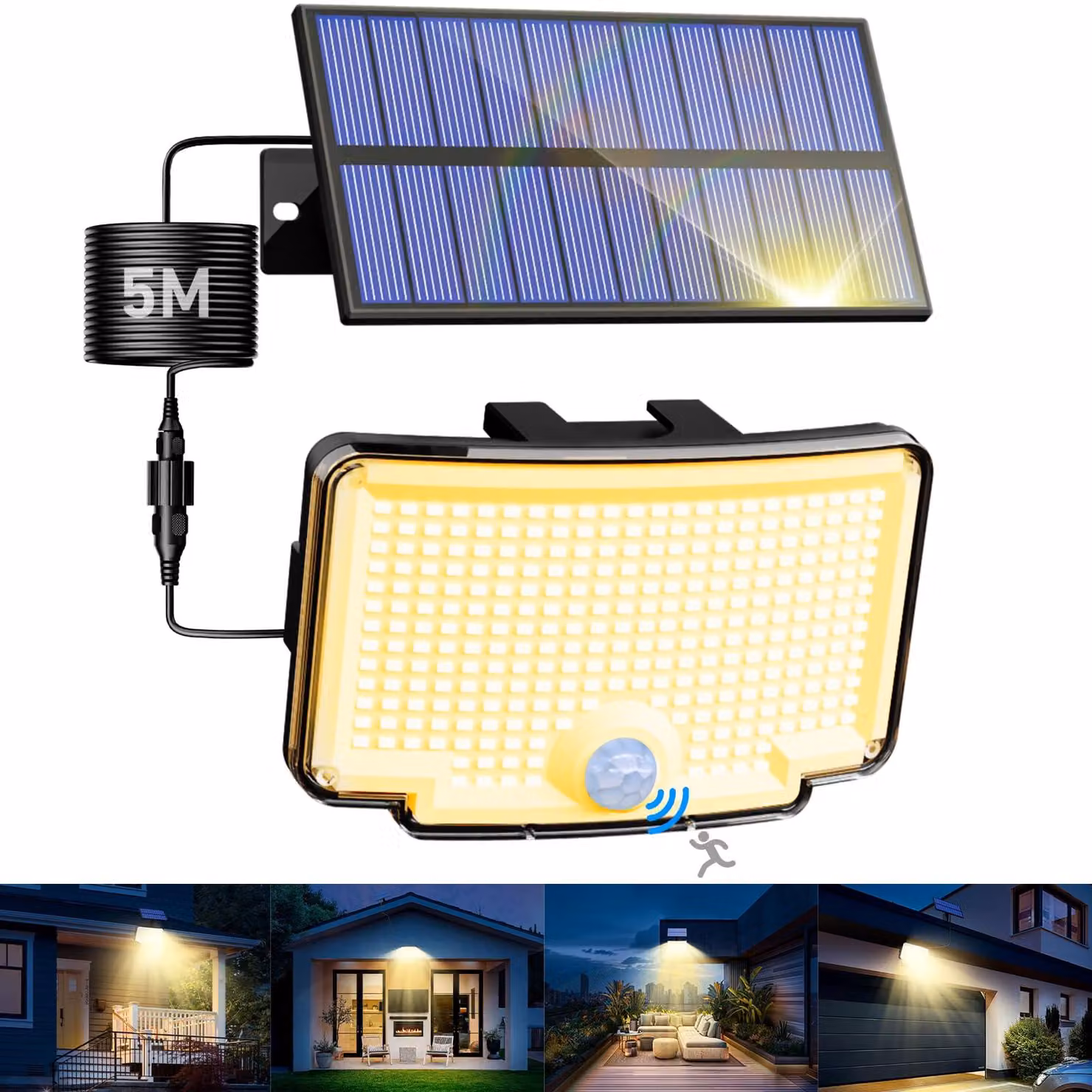 Lampada solare con 318 LED, sensore di movimento, grado di protezione IP65, luce bianco caldo