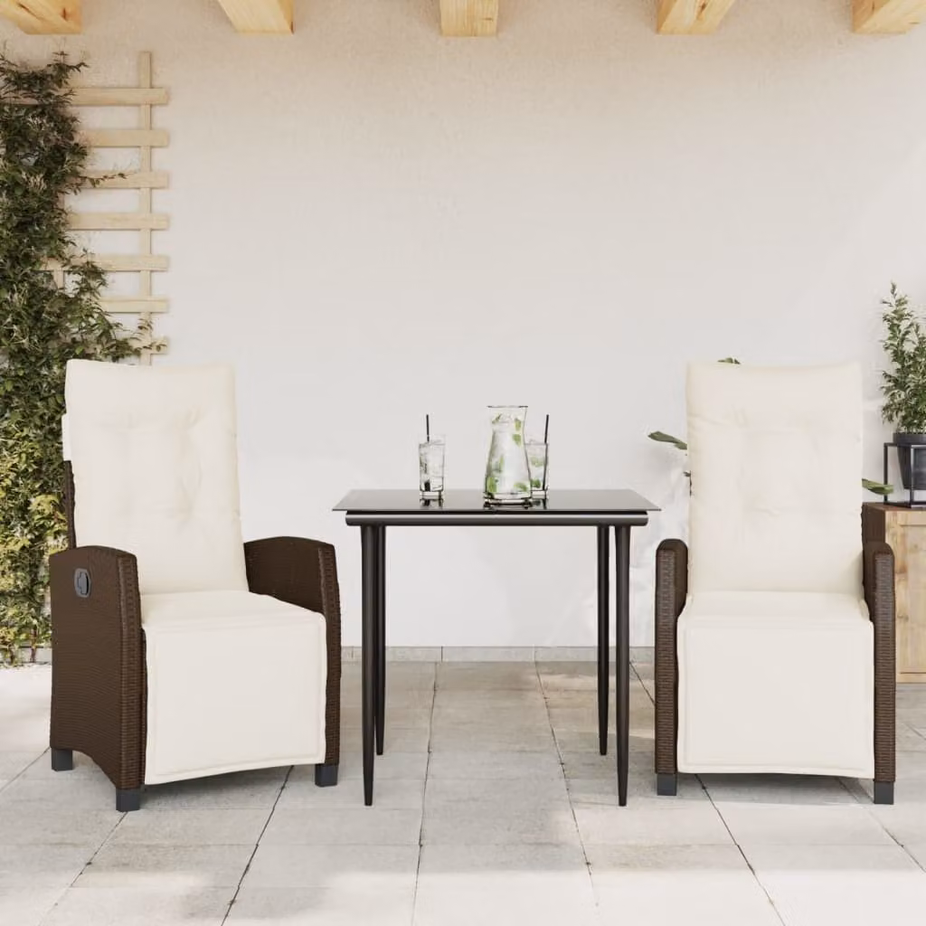 Set da Pranzo da Giardino 3pz vidaXL in Polyrattan Marrone con Cuscini e Tavolo in Vetro – 1