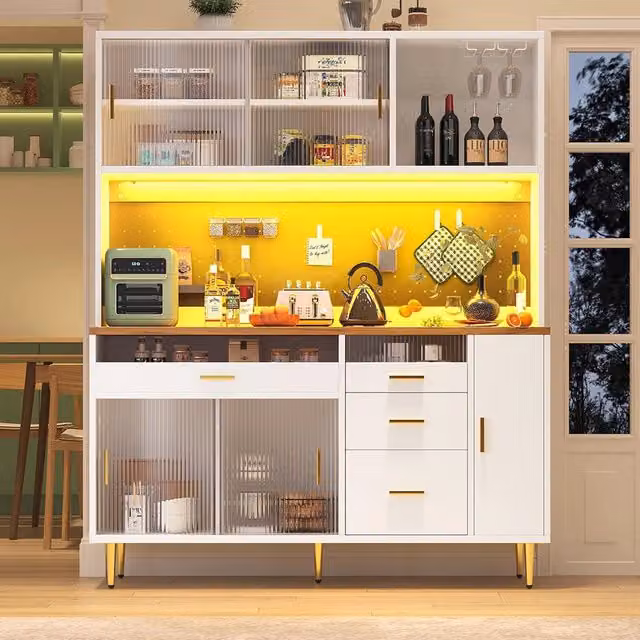 Armadio alto per soggiorno - Xylo - 145x24x171 cm - Bianco - Illuminazione LED, scaffali perforati