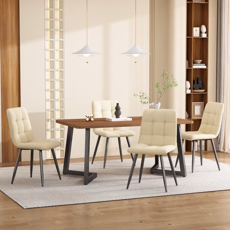 Fortuna Lai, set da pranzo (5 pezzi), tavolo da pranzo con 4 sedie, set moderno per cucina, tavolo da cucina in legno con gambe in metallo nero, piano del tavolo in MDF color noce, sedie da pranzo in velluto beige