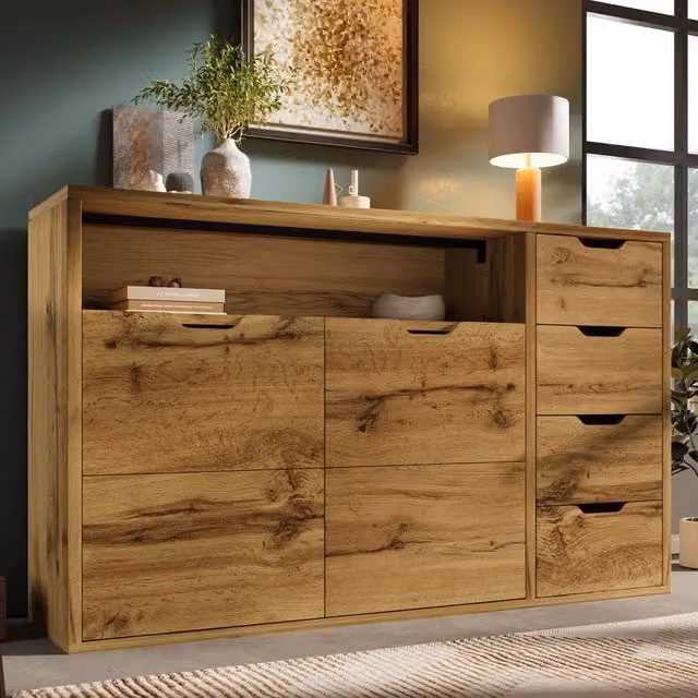 Credenza moderna in MDF e metallo con 2 ante e 4 cassetti soft close, finitura rovere e nero, L: 150 cm, P: 40 cm, H: 90 cm
