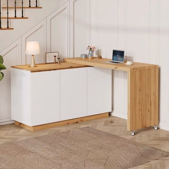 Desviae Scrivania angolare girevole con mobile laterale su ruote bloccabili in MDF e truciolare bianco effetto rovere
