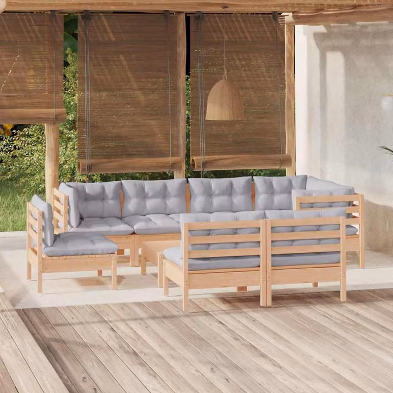 vidaXL Set Divani da Giardino a Forma di U in Legno di Pino con Cuscini Grigi 9 Pezzi