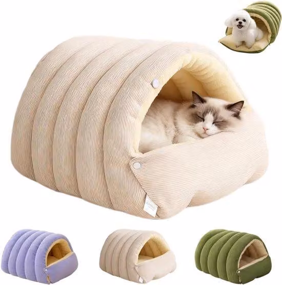 Sacco a pelo a forma di animale – cuccia per gatti e cani beige con rivestimento in peluche ed esterno in velluto a coste – fodera rimovibile e lavabile – 70 x 40 x 28 cm