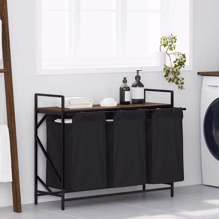 vidaXL Cesto della Biancheria a 3 Scomparti con Ripiano, Marrone e Nero, L/P/H: 99 x 42 x 77 cm