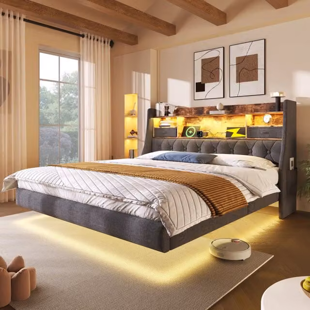 Letto matrimoniale 180x200 cm con LED; testiera con USB e Type-C; lino grigio