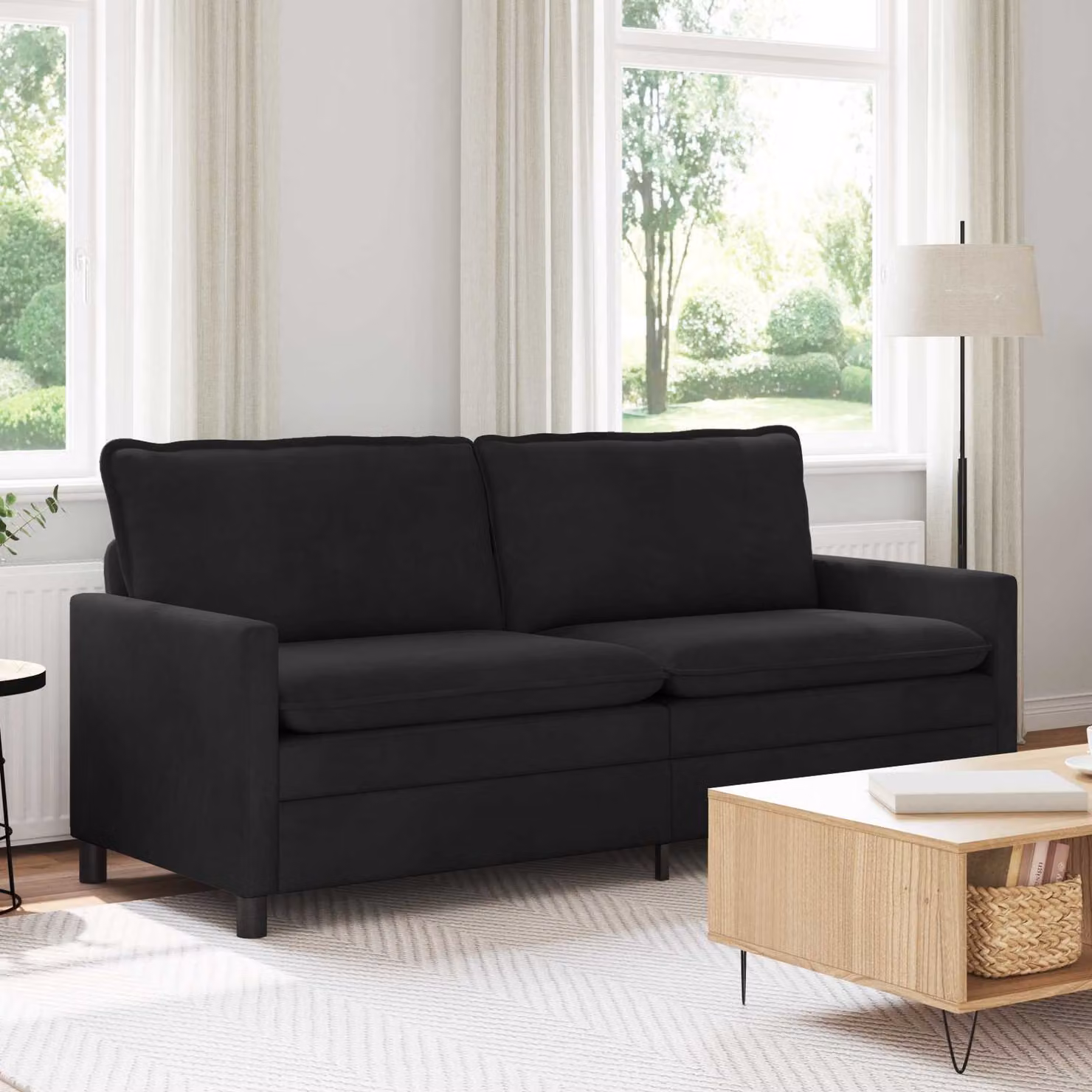 Divano moderno vidaXL in velluto nero con struttura in metallo L: 196 cm, P: 81 cm, H: 87,5 cm