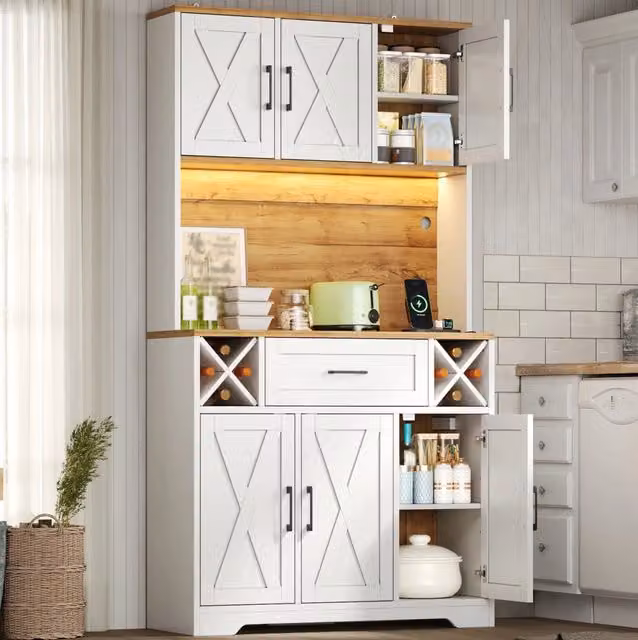 Mobile da cucina alto in MDF con LED RGB; prese; portabottiglie e cassetto; naturale e bianco; 105 × 40 × 180 cm