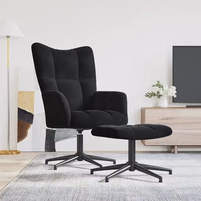 Poltrona Relax con Poggiapiedi vidaXL in Velluto Nero con Struttura in Metallo e Seduta in Schiuma, Girevole a 360 Gradi – 1