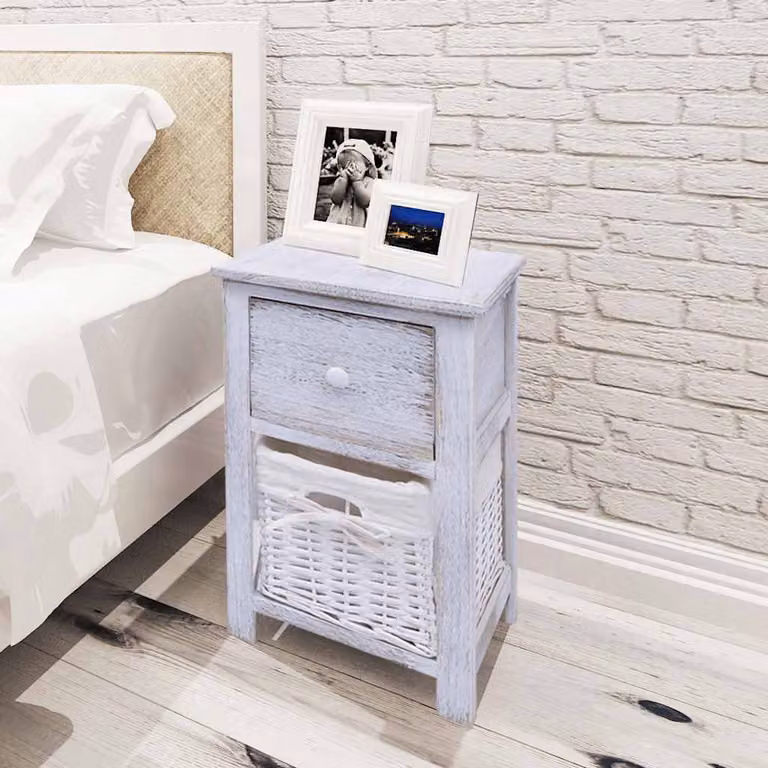 Set di 2 comodini da notte vidaXL in legno e rattan bianco stile rustico