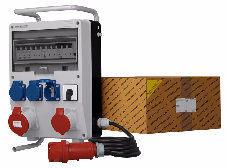 Pannello di distribuzione elettrico da montaggio a parete, completo di cavi e connettori, modello TD-S/FI SKHU, 32A/16A, 3x230V, marca Doktorvolt, codice prodotto 0335