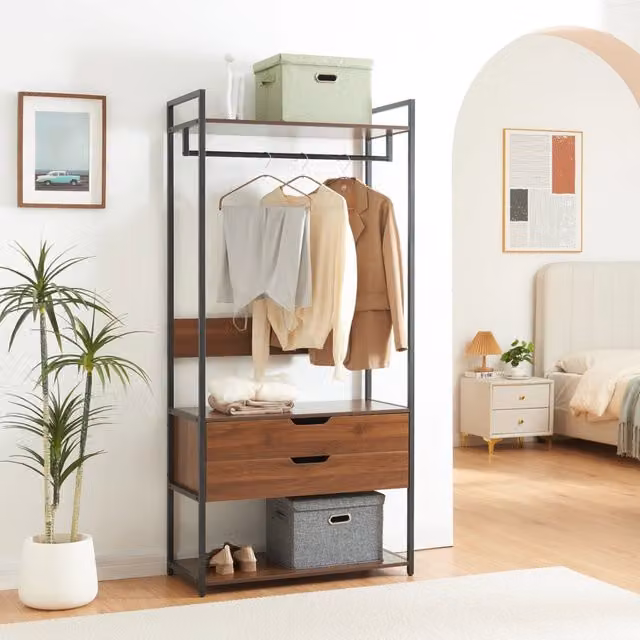 Organizzatore Guardaroba Larem en.casa con Cassetti e Appendiabiti - Nero e Effetto Noce L/P/H: 84 x 40 x 180 cm