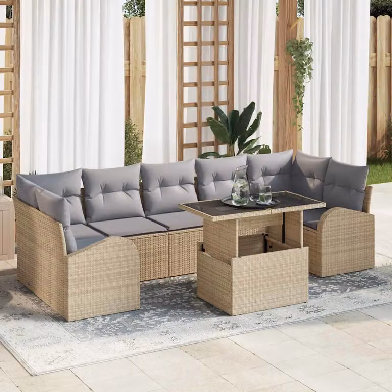 Set Divano da Giardino vidaXL 8 pz Beige con Cuscini e Tavolino, Design Moderno a L in Polyrattan e Acciaio