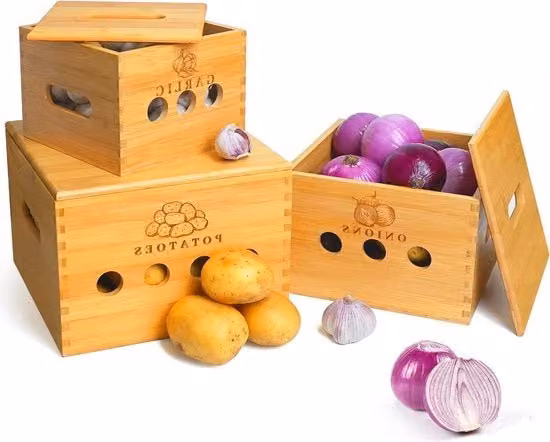 Set di contenitori per verdure in legno di bambù con copertura e fori di aerazione per 3 contenitori.