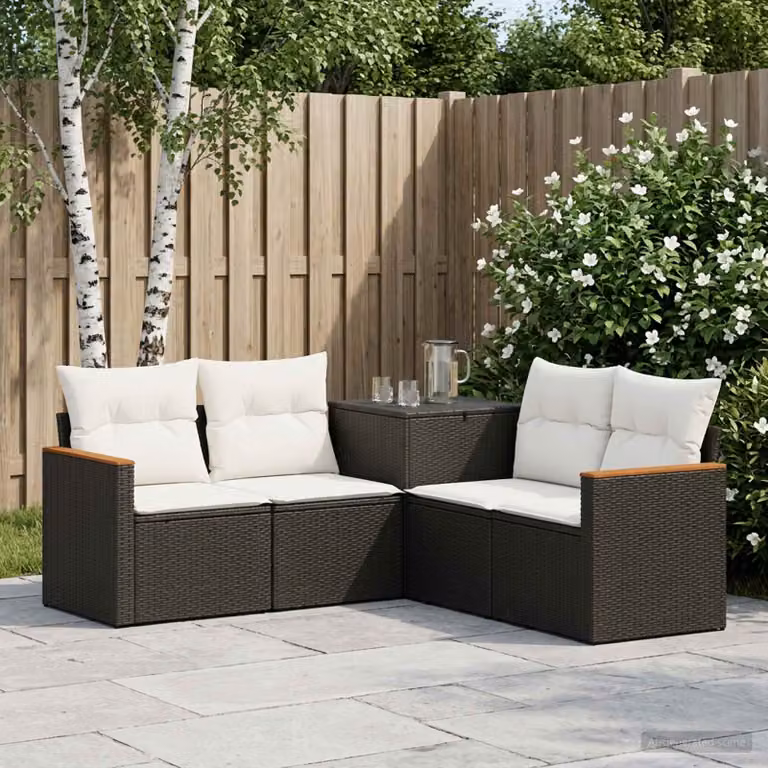 Set di divani da giardino a forma di L vidaXL in metallo e rattan, colore nero e bianco, con cuscini inclusi