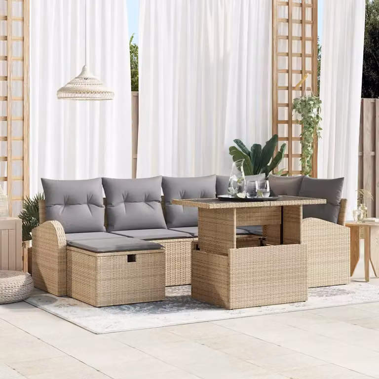 vidaXL Set Divano da Giardino 7 pz Moderno in Polyrattan Beige con Cuscini e Tavolino da Caffè