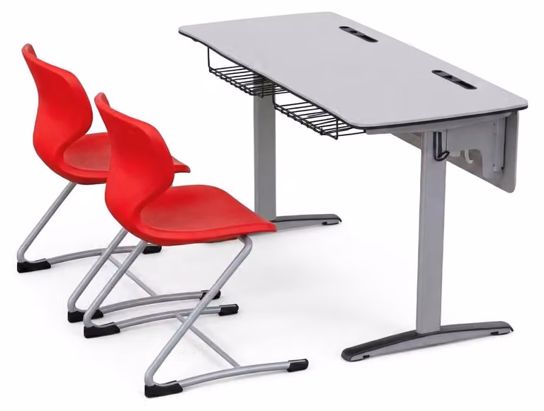 Scrivania ergonomica per studenti, completa di due sedie moderne e un cesto portaoggetti