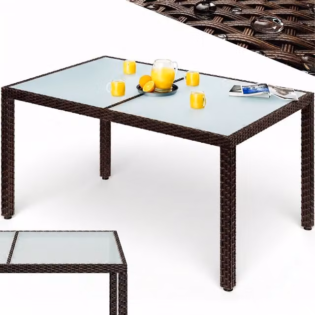 Tavolo da giardino rettangolare CASARIA in polyrattan marrone con piano in vetro satinato L: 150 cm, P: 90 cm, H: 75 cm – 1