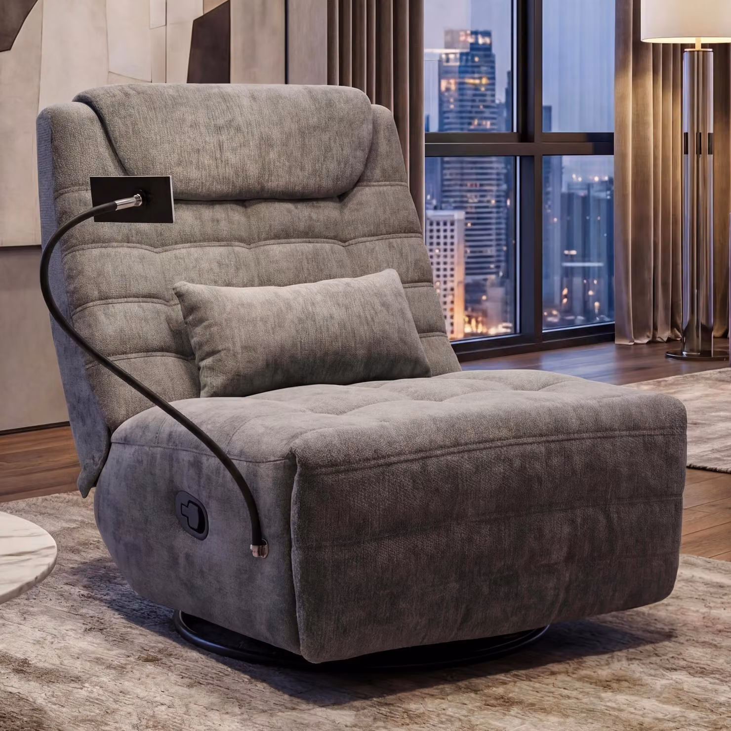 Poltrona relax MCW-P92, poltrona TV, girevole, con funzione reclinabile e supporto per cellulare, tessuto ciniglia (260 g/m²) ~ grigio scuro