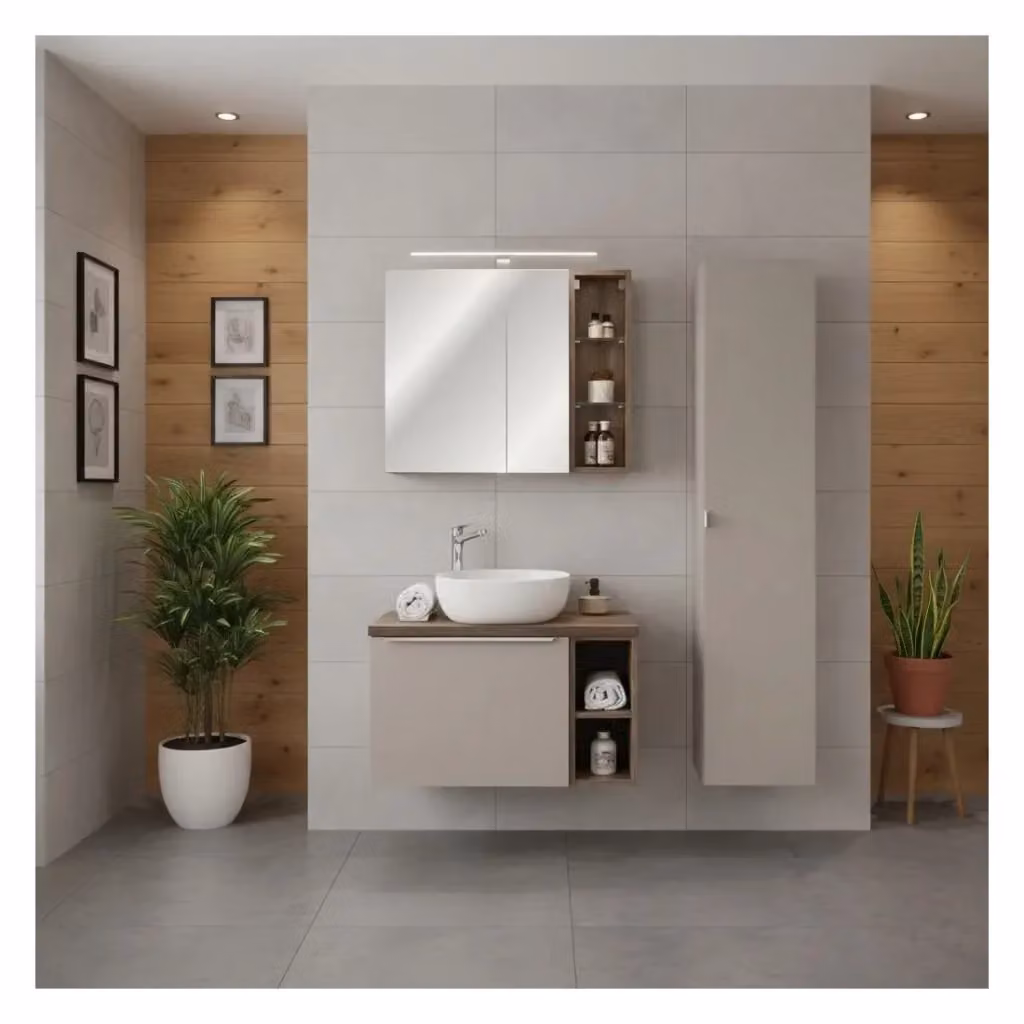Set bagno Meublorama VANTA beige con mobile sottolavabo 80 cm, lavabo da appoggio, mobili di stoccaggio, specchi e illuminazione LED – 2