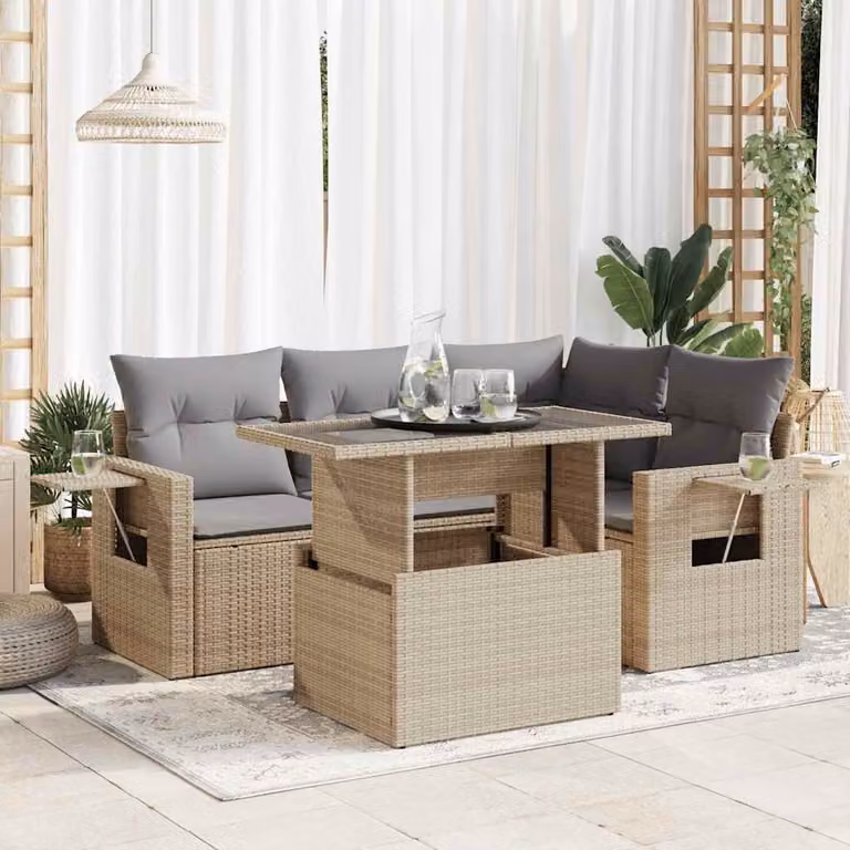 Set Divano da Giardino vidaXL 5 pz a Forma a L con Cuscini Beige e Tavolino in Polyrattan e Metallo
