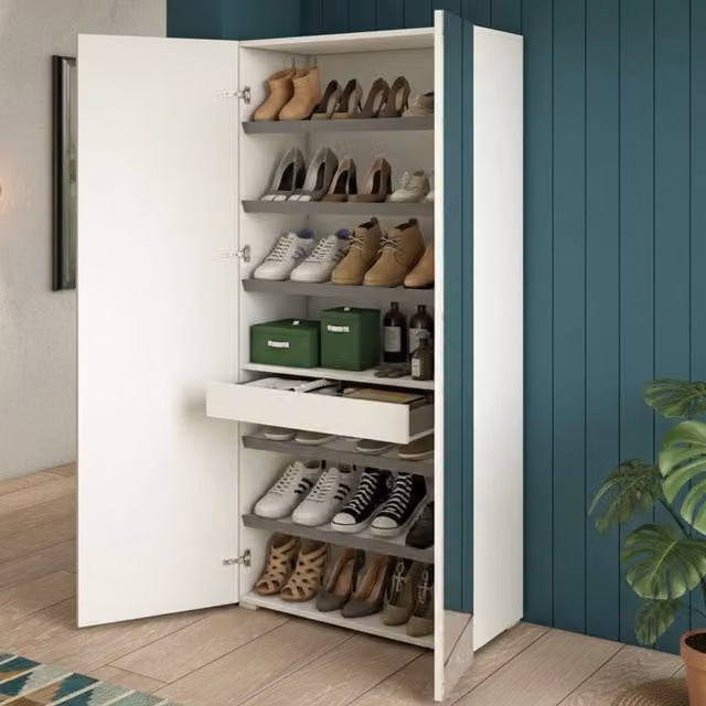 Mobile Portascarpe Eracle DMORA Bianco con Specchio e 6 Ripiani L/P/H: 72 x 37 x 195 cm
