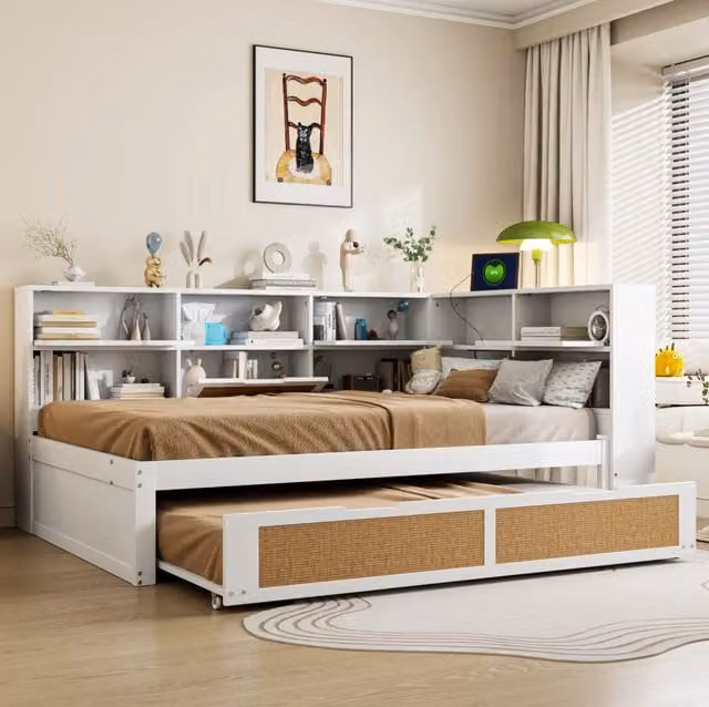 Letto 140x200 cm bianco – con letto estraibile, contenitori e USB, senza materasso