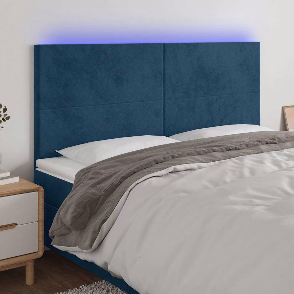 Testiera per letto vidaXL in velluto blu con illuminazione LED e porta di ricarica USB, L 160 cm, H 118/128 cm, P 5 cm