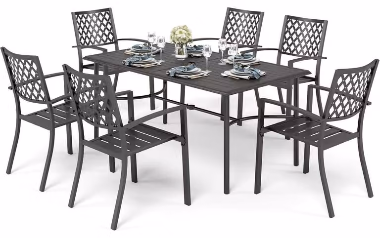 Set di mobili da giardino in metallo, composto da 6 sedie e un tavolo. Tavolo rettangolare da pranzo, sedie impilabili, resistente agli agenti atmosferici, colore nero. Dimensioni: 170x96x74 cm