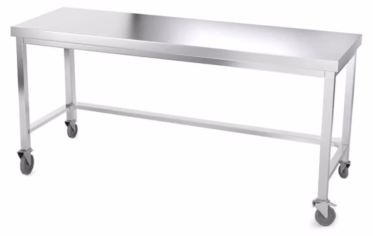 Tavolo da lavoro in acciaio inossidabile, dimensioni 1800 x 500 mm, con struttura rinforzata e montato su ruote, modello PREMIUM - GOLDINOX