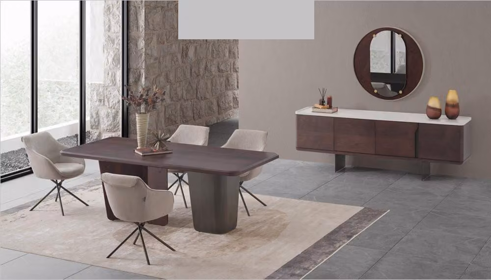 Set da pranzo moderno con 4 sedie e credenza