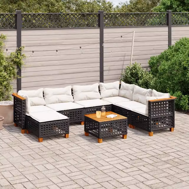 vidaXL Set Divani da Giardino a L in Polyrattan con Cuscini e Tavolino, Nero e Bianco – 1