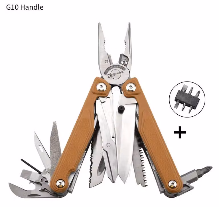 Multitool multifunzione - DL30, pinza multifunzione - pieghevole - acciaio inossidabile - impugnatura in G10 - per lavori domestici ed elettrici - con custodia - giallo