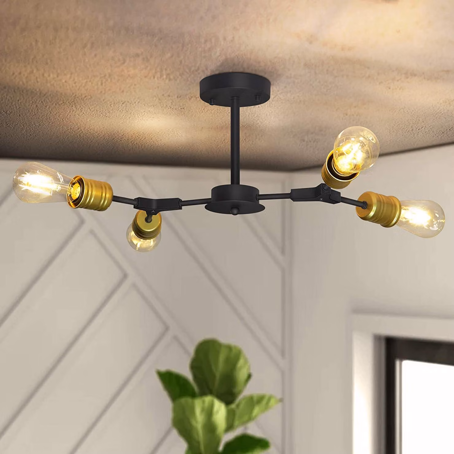 ZMH Lampada da soffitto Vintage Lampada da soffitto Nero Retrò E27 4 Fiamma Lampadario industriale Metallo Rustico per corridoio Soggiorno Camera da letto Cucina
