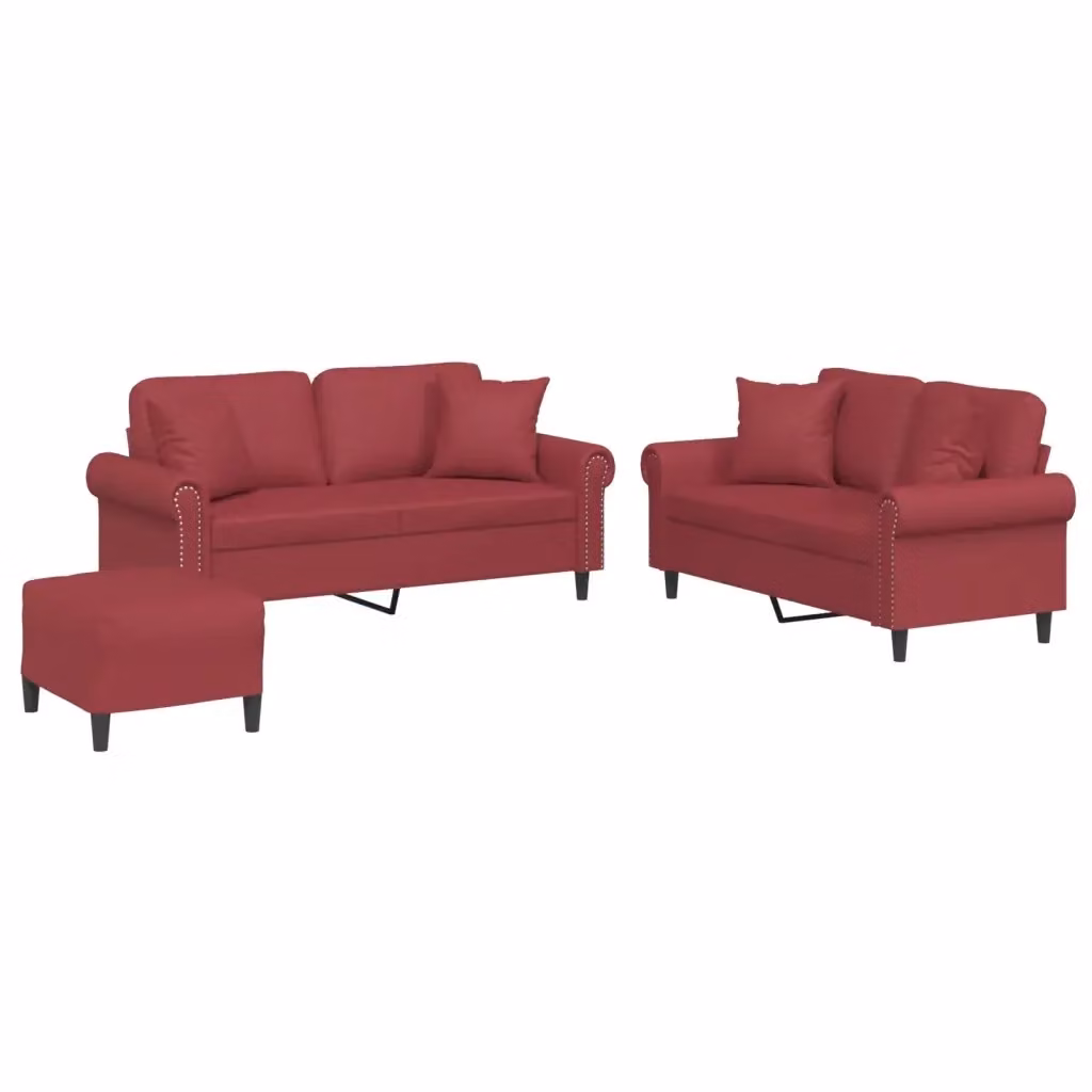 Set di divani moderno vidaXL in similpelle rosso composto da divano a 3 posti, divano a 2 posti e pouf con cuscini inclusi – 2
